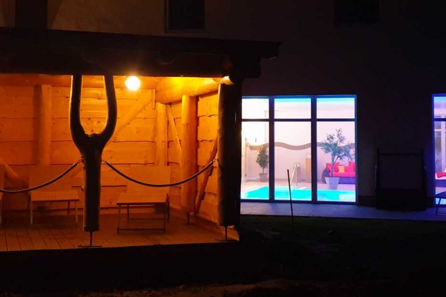 sauna and pool at night